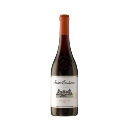Botella de Vino Santa Emiliana Carmenere 700cc, tinto chileno con etiqueta clásica de viña.