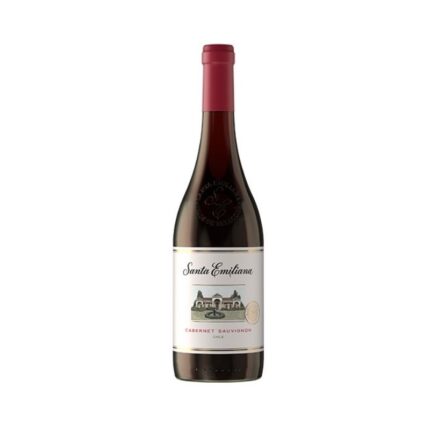 Botella de vino tinto Santa Emiliana Cabernet Sauvignon de Chile con etiqueta blanca y detalles de bodega.