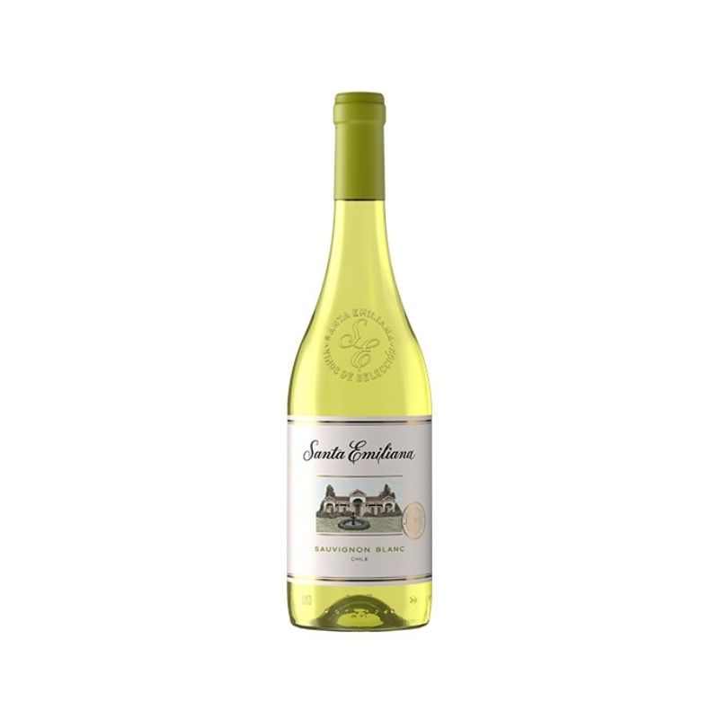 Botella de Vino Santa Emiliana Sauvignon Blanco 700cc con etiqueta clásica de viña y líquido amarillo verdoso.