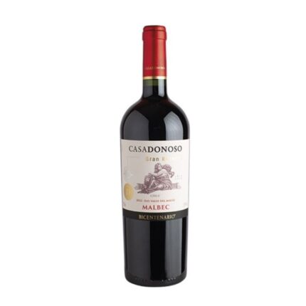 Botella de Vino Casa Donoso Malbec Gran Reserva 750cc, con etiqueta clásica y corcho rojo, exhibiendo su profundo color tinto.