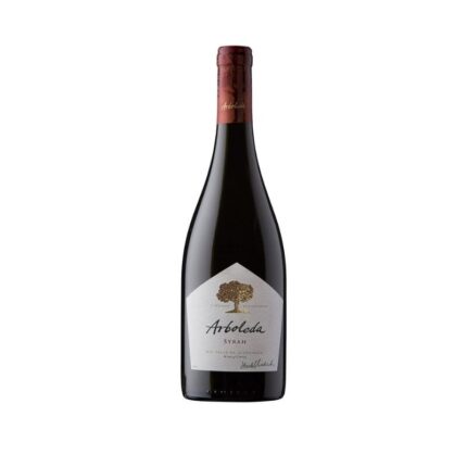 Botella de vino tinto Arboleda Syrah D.O. Valle de Aconcagua Chile con etiqueta blanca y logo de árbol dorado.