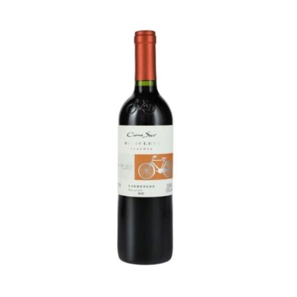 Botella de vino tinto Cono Sur Bicicleta Reserva Carmenere de Chile con etiqueta de bicicleta.