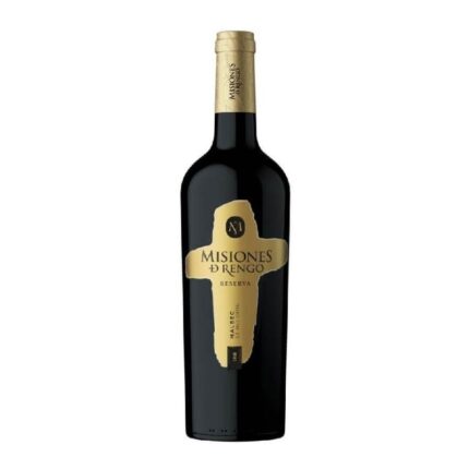 Botella de Vino Misiones de Rengo Reserva Malbec 750 cc con etiqueta dorada en forma de cruz, tinto chileno.