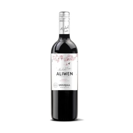Botella de Vino Aliwen Cabernet Sauvignon Alcohol Free 750cc de Undurraga, con etiqueta floral y tapón plateado.