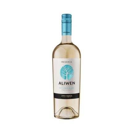 Botella de Vino Aliwen Sauvignon Blanc Reserva 750cc de Undurraga, con etiqueta blanca y un árbol azul, sobre fondo blanco.