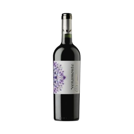 Botella de Vino Veramonte Merlot Orgánico Reserva 750cc, vino tinto chileno del Valle de Casablanca con etiqueta floral púrpura.
