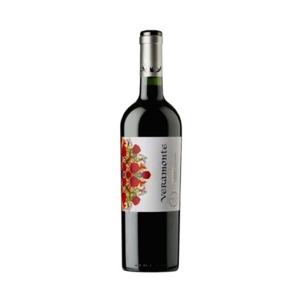Vino tinto Veramonte Reserva Cabernet Sauvignon, botella con etiqueta de diseño ornamental rojo y dorado.