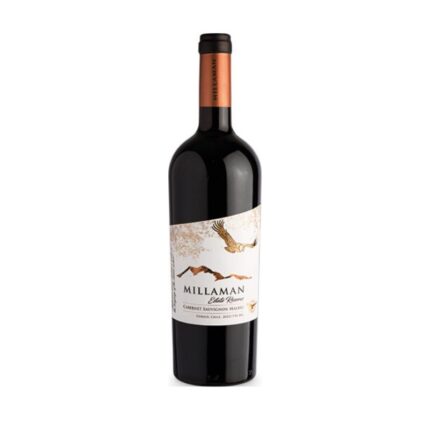 Vino tinto Millaman Estate Reserve Cabernet Sauvignon Malbec 2022 con etiqueta de águilas y montañas.