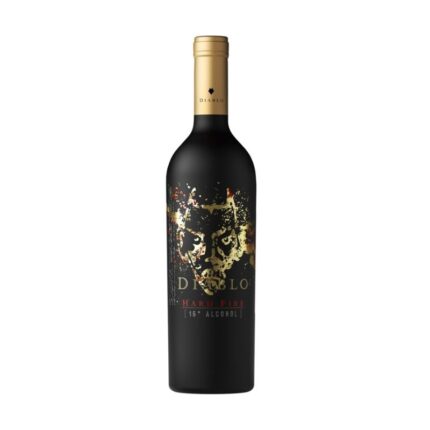 Vino Diablo Hard Fire, botella negra con etiqueta de rostro diabólico dorado y 16° alcohol.