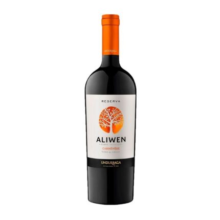 Vino tinto Undurraga Aliwen Reserva Carmenère de Chile, botella con etiqueta blanca y logo de árbol naranja.
