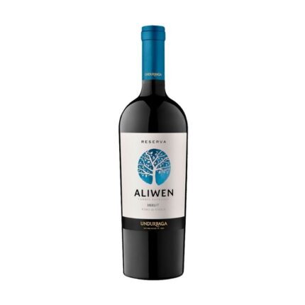 Botella de Vino Aliwen Merlot Reserva 750cc de Undurraga, con etiqueta blanca y diseño de árbol azul.
