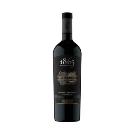 Botella de Vino 1865 Double Barrel Cabernet Sauvignon 750cc, con etiqueta negra y detalles dorados, mostrando la marca y la cepa.