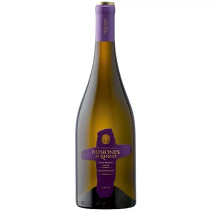 Botella de Vino Misiones de Rengo Chardonnay Cuvée Gran Reserva de 750 cc con etiqueta morada y detalles dorados.