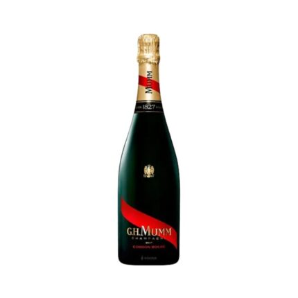 Botella de Champagne G.H.Mumm Cordon Rouge Brut Frances de 750cc con su icónica cinta roja y etiqueta dorada.