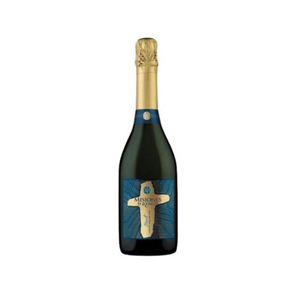 Botella de Espumante Misiones De Rengo Brut 750cc con etiqueta azul y cruz dorada, cápsula dorada.