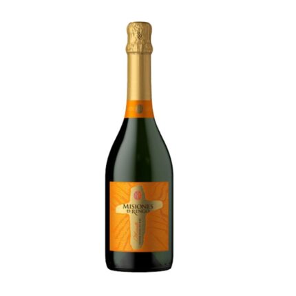 Botella de Espumante Misiones De Rengo Moscato 750cc, con etiqueta naranja y dorado, cápsula dorada, sobre fondo blanco.
