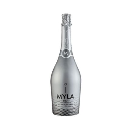 Botella de Espumante Myla Brut 750cc plateada y elegante, con logo "M" y patrón de burbujas, del Valle del Limarí, Chile.