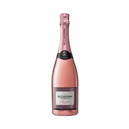Botella de Espumante Ricadonna Moscato Rose 750cc de color rosa, con etiqueta distintiva y cápsula rosada, de Italia.