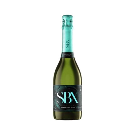 Botella de Espumante SBX Moscato 750cc con etiqueta moderna turquesa, resaltando su frescura y dulzura.