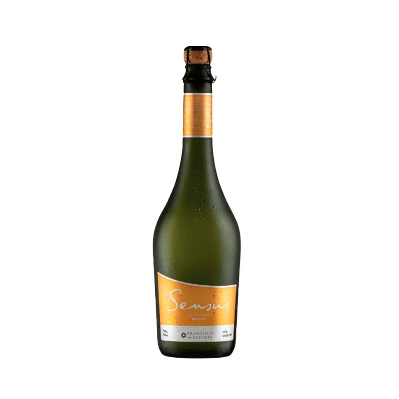 Espumante Sensus Demi Sec 750cc Botella de Espumante Sensus Demi Sec 750cc de Viña Francisco Aguirre, con etiqueta naranja y burbujas refrescantes.