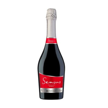 Botella de Espumante Sensus Kir Royal 750cc, un cóctel de vino espumante de color rojo granate con etiqueta roja.