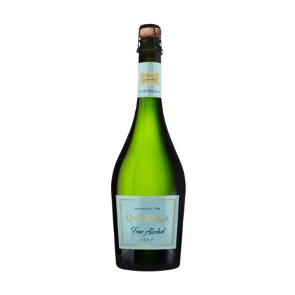 Botella de Espumante Undurraga Alcohol Free Zero 750cc, sin alcohol, vidrio verde y etiqueta celeste.