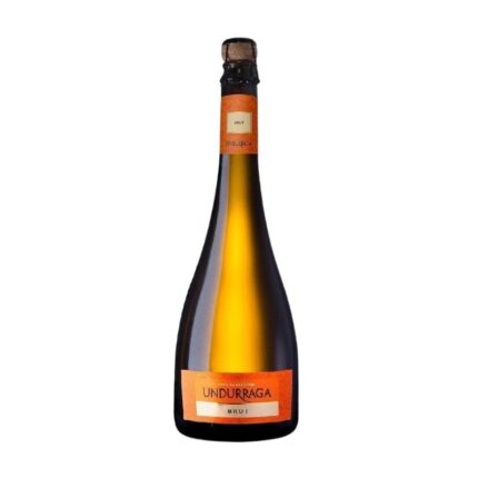 Botella de Espumante Undurraga Brut 310cc, etiqueta naranja con letras blancas, corcho tradicional y líquido dorado pálido.