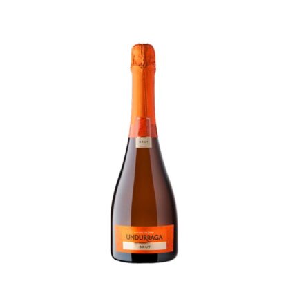 Botella de Espumante Undurraga Brut 750cc con etiqueta naranja y cápsula cobriza, mostrando su calidad chilena.
