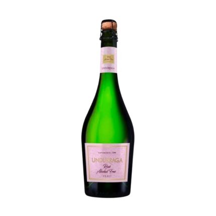 Botella de Espumante Undurraga Rose Alcohol Free Zero 750cc, con etiqueta rosada y corcho, destacando su naturaleza sin alcohol.