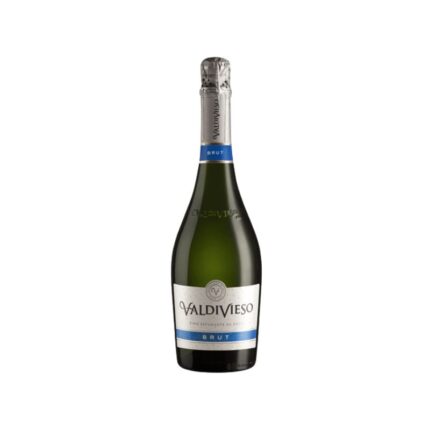 Botella de Espumante Valdivieso Brut de 750ml, con etiqueta blanca y detalles azules, mostrando su elegancia chilena.