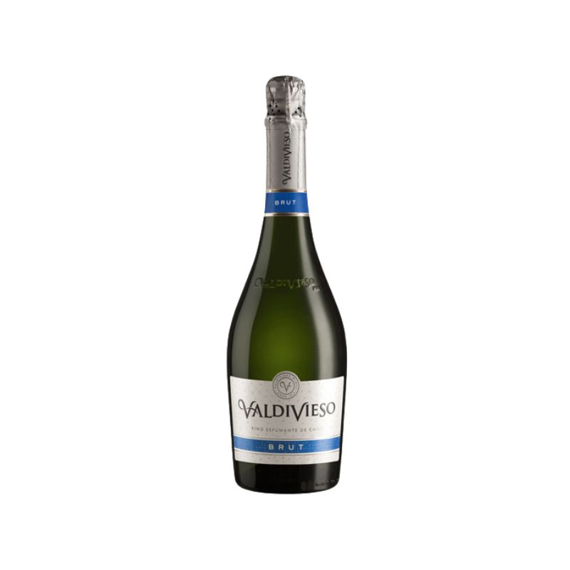 Botella de Espumante Valdivieso Brut de 750ml, con etiqueta blanca y detalles azules, mostrando su elegancia chilena.