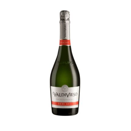 Botella de Espumante Valdivieso Demi Sec 750cc, con etiqueta clásica blanca y roja, fondo verde oscuro y capuchón plateado.