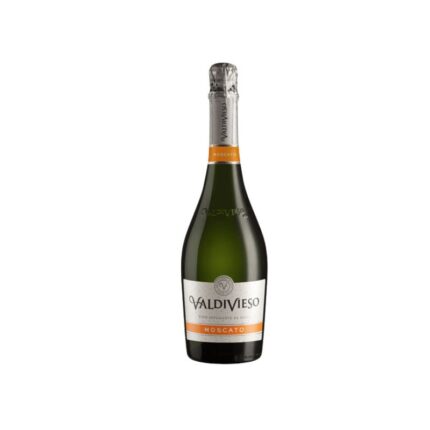 Botella de Espumante Valdivieso Moscato 750ml, con etiqueta blanca y banda naranja, sobre fondo blanco.