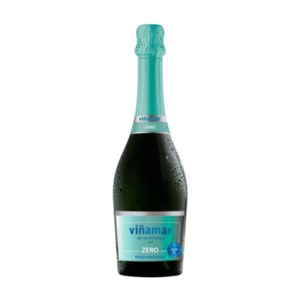 Botella de Espumante Viñamar Alcohol Free Zero de 750cc, desalcoholizado, con etiqueta azul y tapa turquesa, con gotas de condensación.