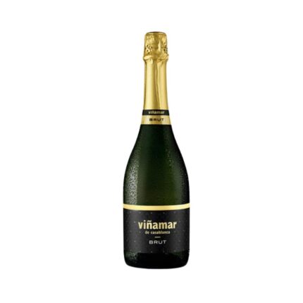 Botella de Espumante Viñamar Brut 750cc, con etiqueta negra y dorada, destacando su origen del Valle de Casablanca.