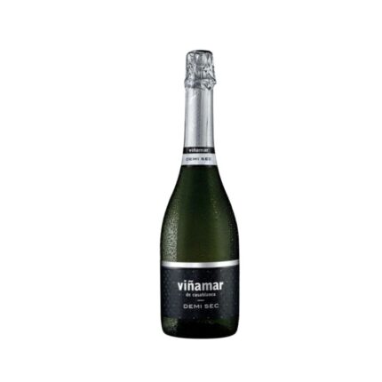 Botella de Espumante Viñamar Demi Sec 750cc, con etiqueta negra y plateada, sobre fondo blanco, lista para disfrutar.