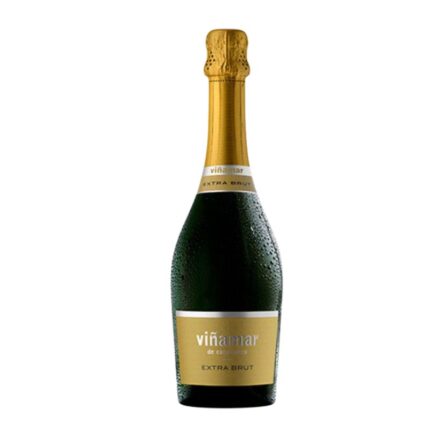Botella de Espumante Viñamar Extra Brut 750cc, frío y listo para servir, con etiqueta dorada y burbujas finas.