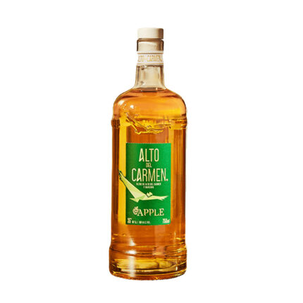 Botella de Pisco Alto Del Carmen Apple 35° 750cc con etiqueta verde y líquido color ámbar dorado.