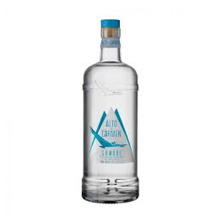 Pisco Alto Del Carmen Cumbre 40° 750cc, botella transparente con etiqueta azul y blanca, ave volando, pisco ultra premium chileno.