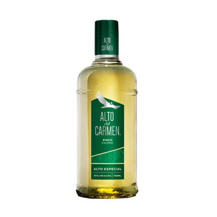 Botella de Pisco Alto Del Carmen Especial 35° de 1L con etiqueta verde y ave andina, líquido amarillo dorado.