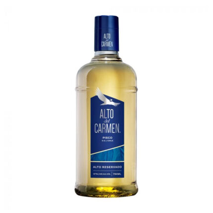 Botella de Pisco Alto Del Carmen Reservado 40° 750ml, con líquido dorado y etiqueta azul con cóndor en vuelo, pisco chileno.