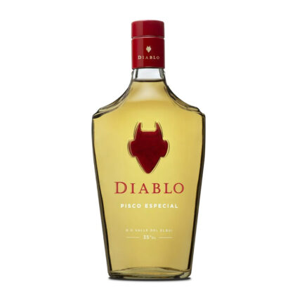 Botella de Pisco Diablo Especial 35° 700cc, ámbar brillante con emblema de diablo rojo y tapa roja, del Valle del Elqui.