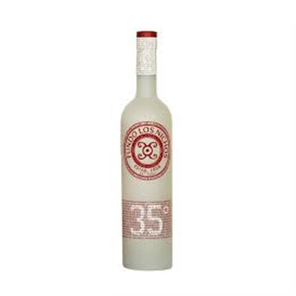 Pisco Fundo Los Nichos Reservado 40° 750cc, botella transparente con etiqueta roja y blanca, fondo blanco.