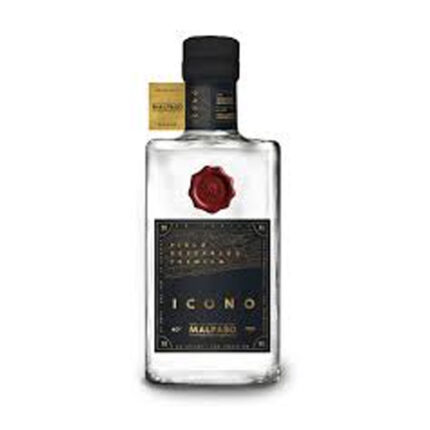 Botella de Pisco MalPaso Icono 40° de 700cc, transparente con etiqueta oscura y sello de cera rojo.
