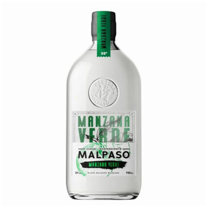 Botella de Pisco MalPaso Manzana Verde 35% vol. de 750ml, con etiqueta blanca y detalles verdes de manzana y la marca Malpaso.