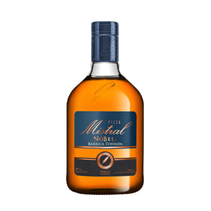 Botella de Pisco Mistral Nobel Barrica Tostada 40°, ámbar dorado, etiqueta azul con letras doradas, 750cc.