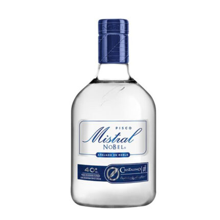 Botella de Pisco Mistral Nobel Cristalino 40° 750cc, destilado chileno premium, añejado en roble y filtrado en carbón.