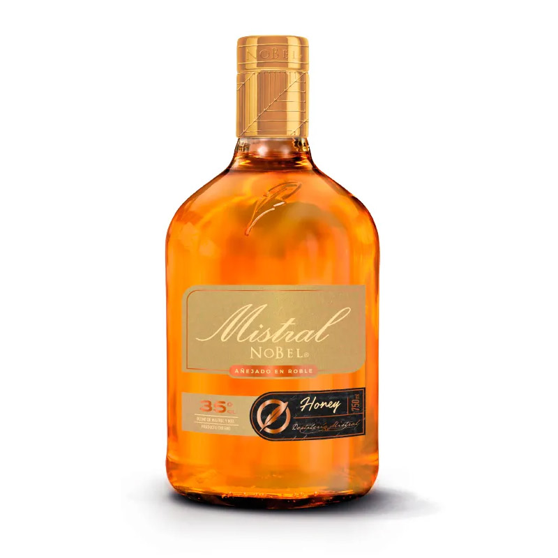 Botella de Pisco Mistral Nobel Honey 35° 750cc, líquido ámbar dorado y etiqueta dorada de Mistral.