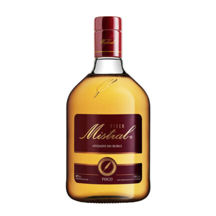 Botella de Pisco Mistral Reservado 40° de 750cc, un pisco chileno añejado en roble con etiqueta granate y oro.
