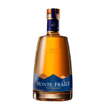 Botella de Pisco Monte Fraile Especial 37.5°, ámbar, con etiqueta azul y montañas, destacando su origen del Valle de Elqui.